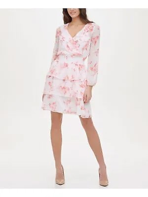 TOMMY HILFIGER Женское розовое короткое вечернее платье с длинными рукавами и V-образным вырезом + расклешенное платье 16