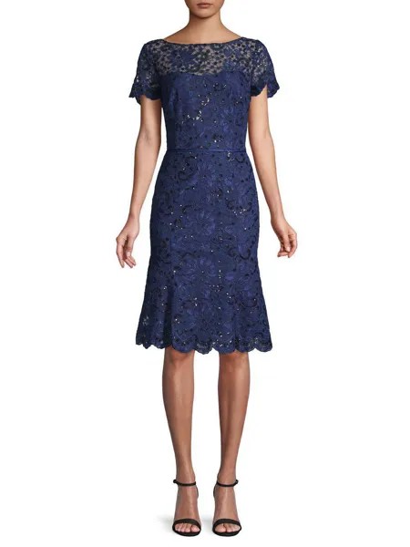 JS COLLECTIONS Темно-синее кружевное коктейльное платье Midnight с пайетками и цветочным принтом 8
