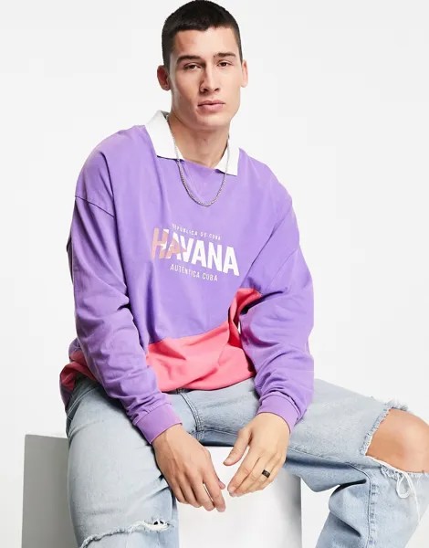 Фиолетовый oversized-лонгслив в стиле колор блок с воротником поло и названием города ASOS DESIGN-Разноцветный