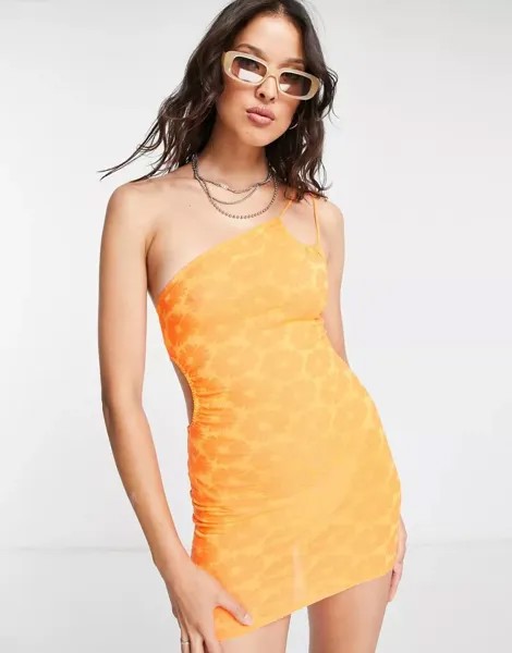Оранжевое платье мини асимметричного жаккарда с цветочным принтом Bershka