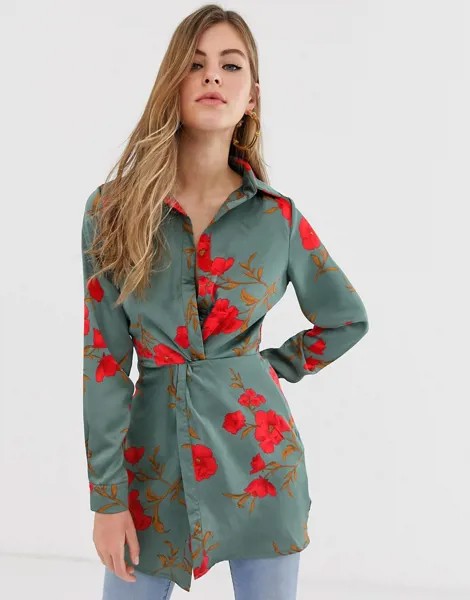 Платье-рубашка с цветочным принтом и узлом спереди Parisian-Зеленый