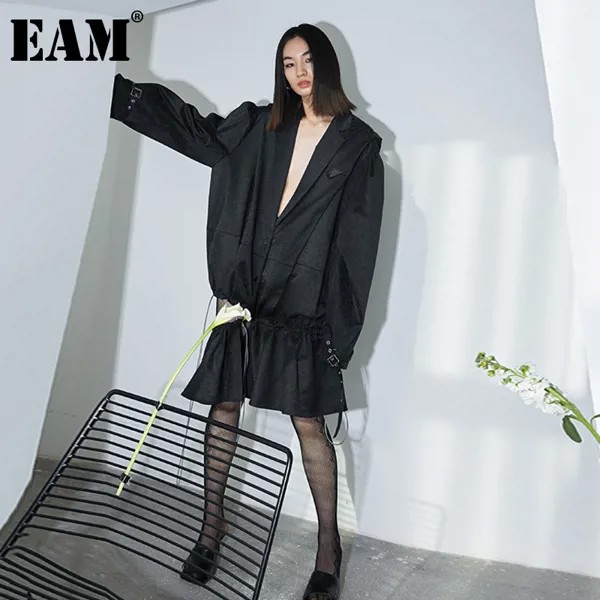 [EAM] женский плащ-Тренч на шнурке, с вырезами и оборками, большой размер, новинка, ветровка с длинным рукавом, модная, весна-осень 2022, 1DD4764