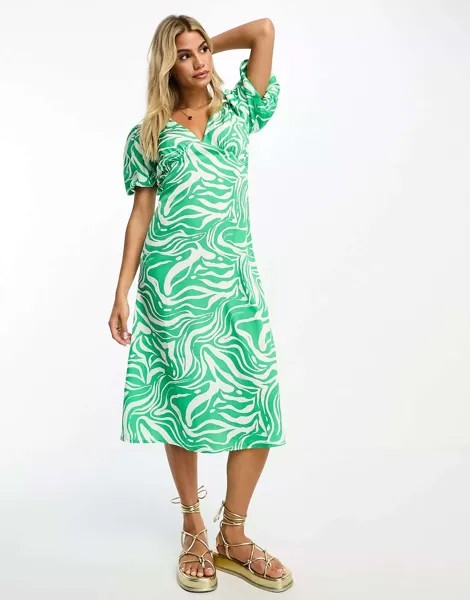 Зеленое платье миди с v-образным вырезом Influence и абстрактным принтом