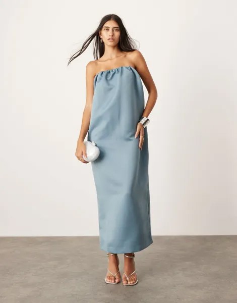 ASOS Edition – синее платье макси из плотного атласа с вырезом-бандо