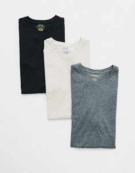 Комплект из трех футболок для отдыха Polo Ralph Lauren черного, каменно-бежевого и серого цветов с логотипом