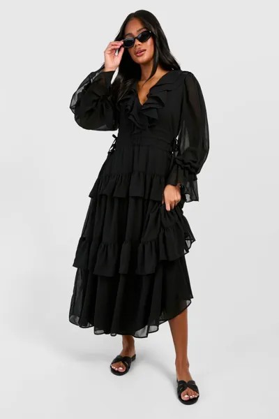 Свободное платье Midaxi из шифона с рюшами boohoo, черный