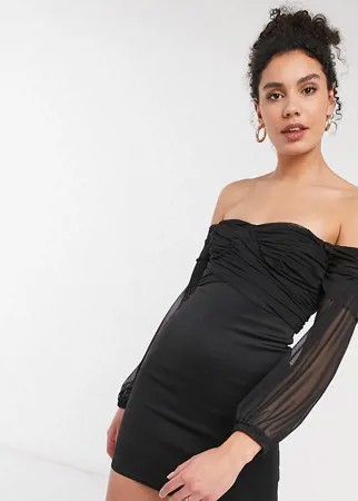 Черное платье мини с открытыми плечами, сетчатыми рукавами и перекрестной отделкой спереди ASOS DESIGN Tall Exclusive-Черный цвет