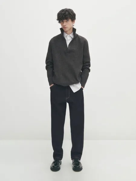 Свитер-Поло из смесовой шерсти в рубчик Massimo Dutti, черный