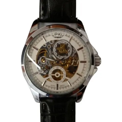 Наручные часы Часы наручные механические /с автоподзаводом, белый циферблат, кожаный ремешок/UPKU 1111, белый, серебряный