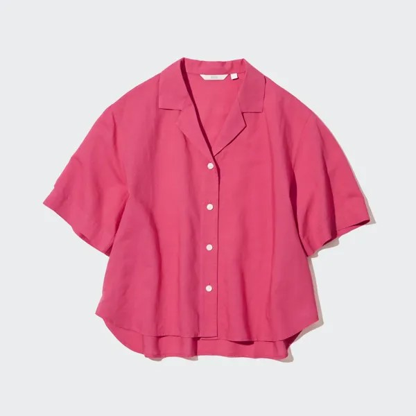 Рубашка UNIQLO льняная с открытым вырезом, розовый