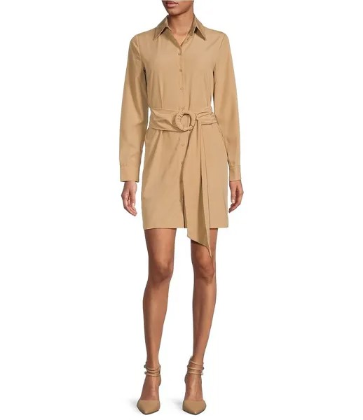 Gianni Bini Connie Платье-рубашка из поплина с длинными рукавами и воротником на пуговицах и поясом, бежевый