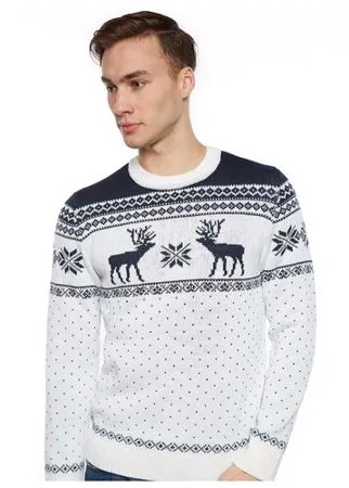 Мувжской свитер, скандинавский орнамент с Оленями и снежинками, натуральная шерсть, белый цвет, темно-синий рисунок, размер L