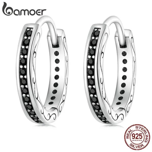 BAMOER 925 стерлингового серебра черный циркон ушные зажимы Pave Setting CZ Серьги европейского стиля для женщин Подарок