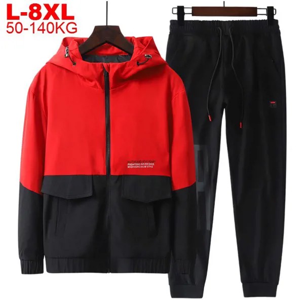 Размера плюс 8XL спортивный костюм из 2 предметов на весну осень мужской на молнии с капюшоном куртка Свитшот брюки спортивные комплекты улич...