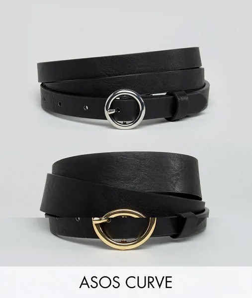 Набор из 2 черных ремней для джинсов с круглой пряжкой ASOS DESIGN Curve-Черный цвет