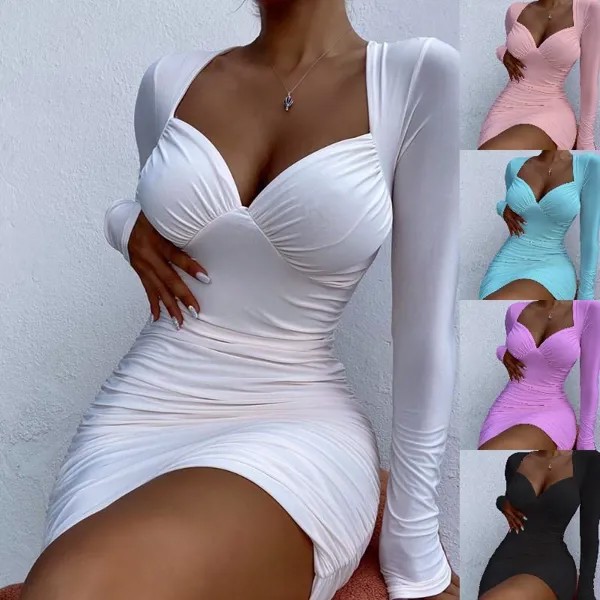 Женщины Сексуальный Глубокий V-образный вырез Bodycon Мини-платье с длинным рукавом Slim Fit Клубное платье для вечеринок