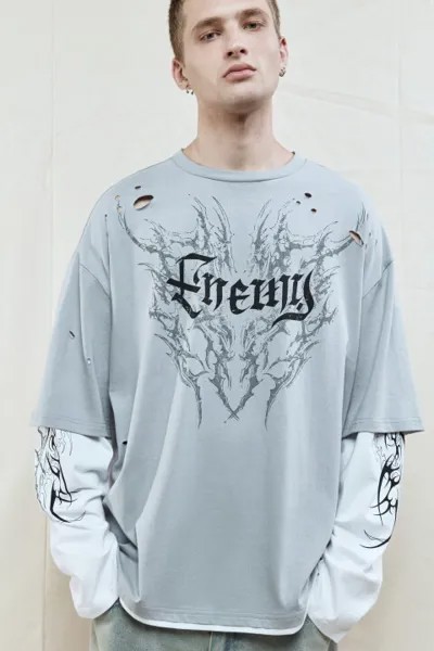 Лонгслив oversize с двойными рукавами и принтом