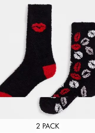 Набор из 2 пар пушистых носков черного и красного цветов с узором губы Threadbare-Черный