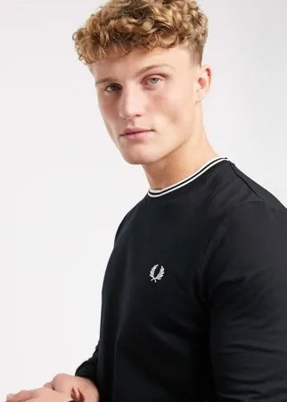 Черный лонгслив с двойной полоской на вороте Fred Perry