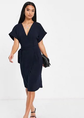 Темно-синее платье миди с запахом ASOS DESIGN Petite-Темно-синий
