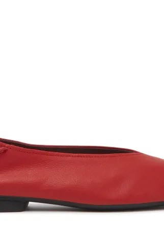 Red leather ballerinas for women with recycled TPU outsole.   Better Product:   The leather is certified by Leather Working Group, a coalition of brands, suppliers, retailers, leading technical experts, and NGOs aimed at raising environmental standards and ensuring best practice standards for tanners, manufacturers, and retailers.  20% of the outsole is made of recycled TPU, which helps to scrap waste and reduce the carbon footprint emissions going into a more conscious environmental impact, keeping the same performances and standards of virgin TPU.  Our feminine Casi Myra line boasts a timeless design with a slightly squared shape.