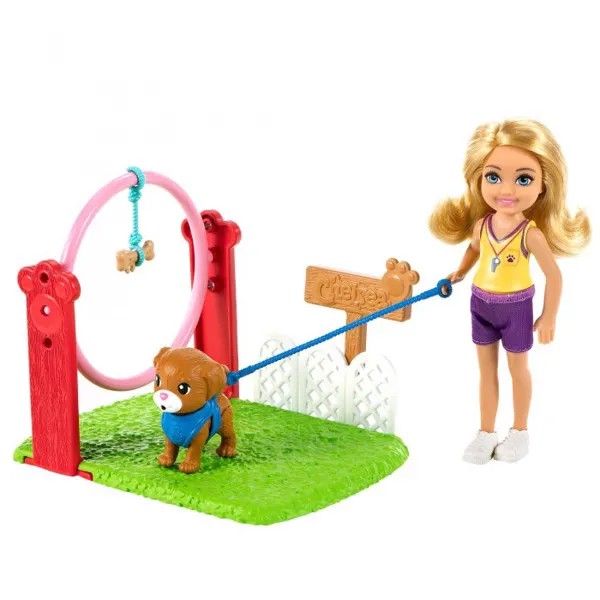 Barbie Игровой набор кукла Челси Дрессировщик собак с питомцем и игровой площадкой