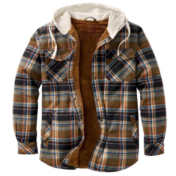 Мужская коричневая клетчатая рубашка в стиле ретро в стиле ретро фланелевое пальто с капюшоном на флисовой подкладке