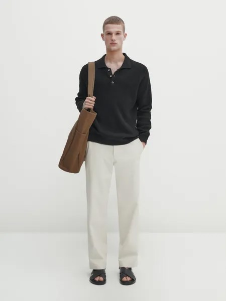 Свитер-Поло из смеси шерсти и хлопка Massimo Dutti, черный