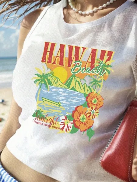 SHEIN EZwear повседневная рубашка без рукавов с гавайским островным принтом и круглым вырезом. Летняя коллекция для женщин, белый цвет
