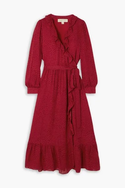 Платье миди из шелкового крепдешина с оборками и леопардовым принтом MICHAEL MICHAEL KORS, красный
