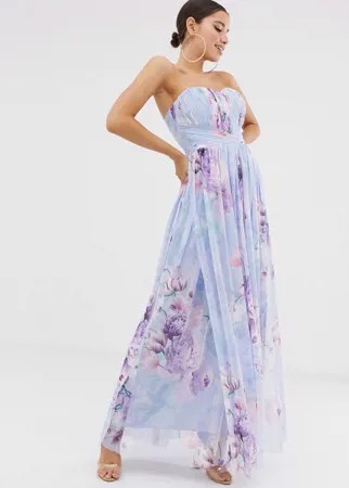 Сетчатое платье макси с вырезом бандо и цветочным принтом Lipsy-Мульти