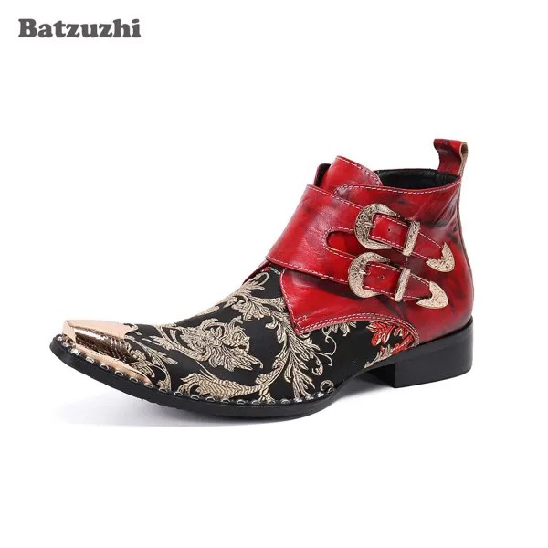 Мужские кожаные ботинки Batzuzhi, с металлическим носком, в западном стиле, с пряжкой, размеры US6-12