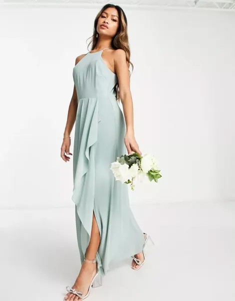 Зеленое платье макси с вырезом халтер и вырезом на спине Vila Bridesmaid