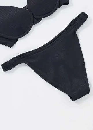 Черные плавки бикини в рубчик с высоким вырезом по бедру Fashion Union-Черный цвет