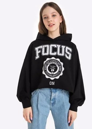 Чёрное худи oversize с принтом Focus для девочки Gloria Jeans