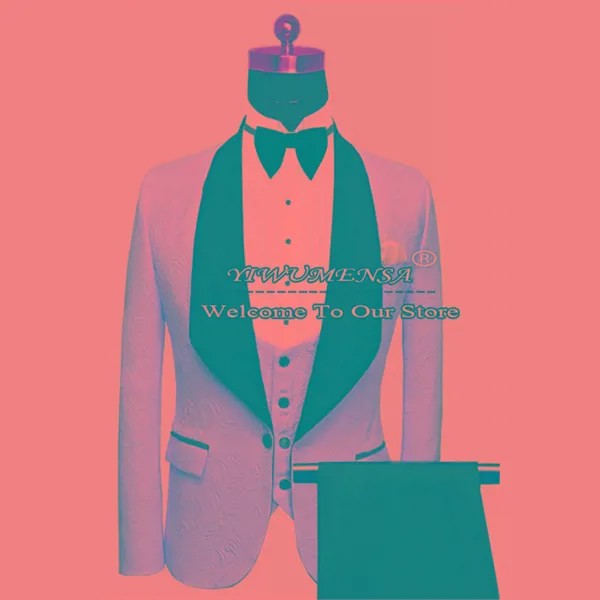 Мужские костюмы для свадьбы, жаккардовый Блейзер ярко-розового цвета, Официальный смокинг для жениха, приталенный силуэт, куртка для курения в деловом стиле + жилет + черные брюки, 3 предмета