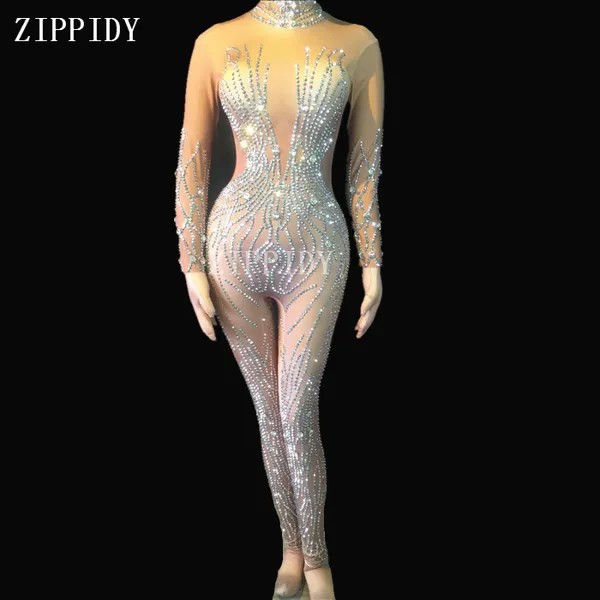 Модный Блестящий серебряный комбинезон со стразами телесного цвета, сексуальное боди для выступлений, женские комбинезоны, одежда для сцены, Одежда для танцев, стрейчевая одежда