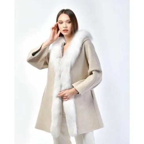 Пальто Guy Laroche, лиса, силуэт свободный, капюшон, пояс/ремень, размер 42, серый
