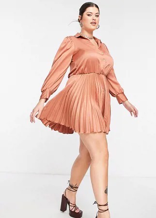 Рыжее платье с плиссированной юбкой Closet London Plus-Коричневый цвет