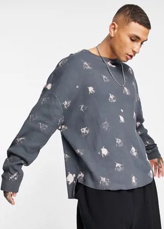 Oversize-лонгслив в рубчик с эффектом кислотной стирки ASOS DESIGN-Черный цвет