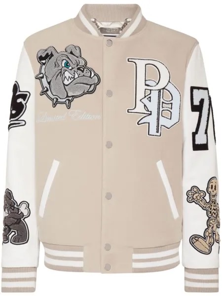 Philipp Plein бомбер с нашивками Bulldogs, нейтральный цвет
