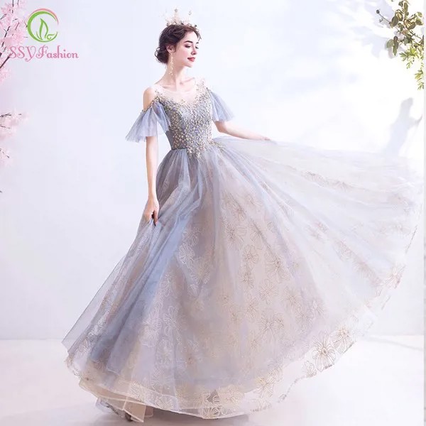 Женское вечернее платье SSYFashion, длинное банкетное платье до пола серого и синего цветов, с кружевными аппликациями