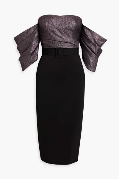 Платье миди из крепа с открытыми плечами и вставками из ламе Badgley Mischka, черный