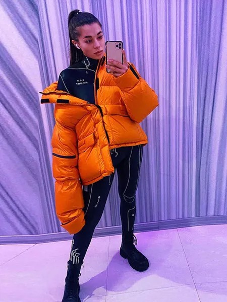 Milanoo Puffer Coats For Women Orange Zipper Stand Collar Long Sleeves Casual Oversized Winter Coat