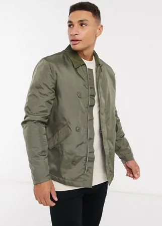 Стеганая куртка Харрингтон с вельветовым воротником цвета хаки ASOS DESIGN-Зеленый