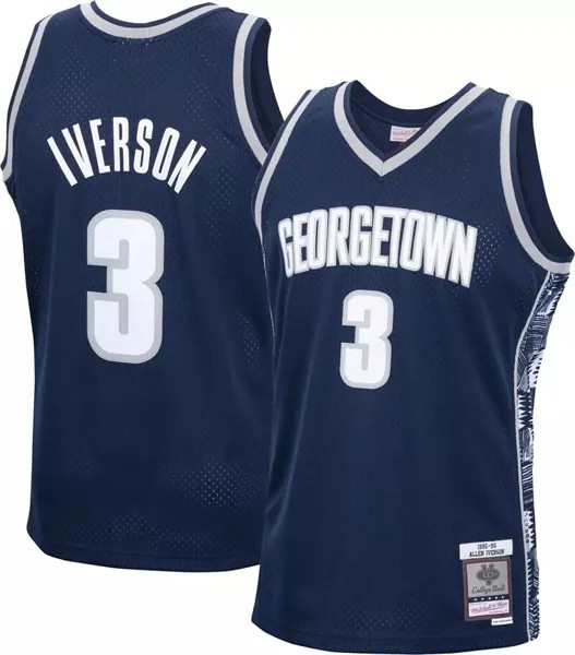 Мужская синяя майка Mitchell & Ness Georgetown Hoyas Allen Iverson № 3 1995–96 годов — большой и высокий