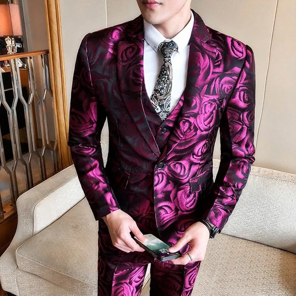 + Жилет + брюки (куртка) розового цвета, для курения, мужские смокинги, облегающий костюм для клуба, вечеринки, выпускного вечера, Abito Uomo Cerimonia