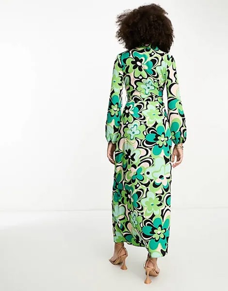 Платье-рубашка макси с завязкой спереди ASOS DESIGN с крупным зеленым цветочным принтом в стиле ретро