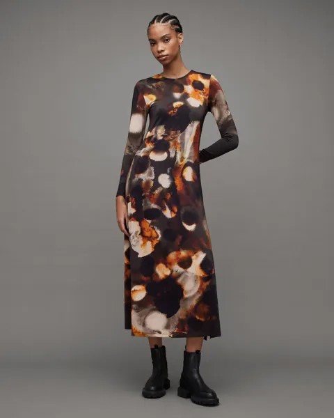 Платье макси стрейч с принтом Katlyn Mars AllSaints, раст браун