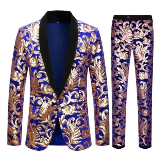Ретро-костюмы мужские блейзеры, куртки, британский комплект из двух частей, синий бархат, золотые блестки, приталенное свадебное платье для ...